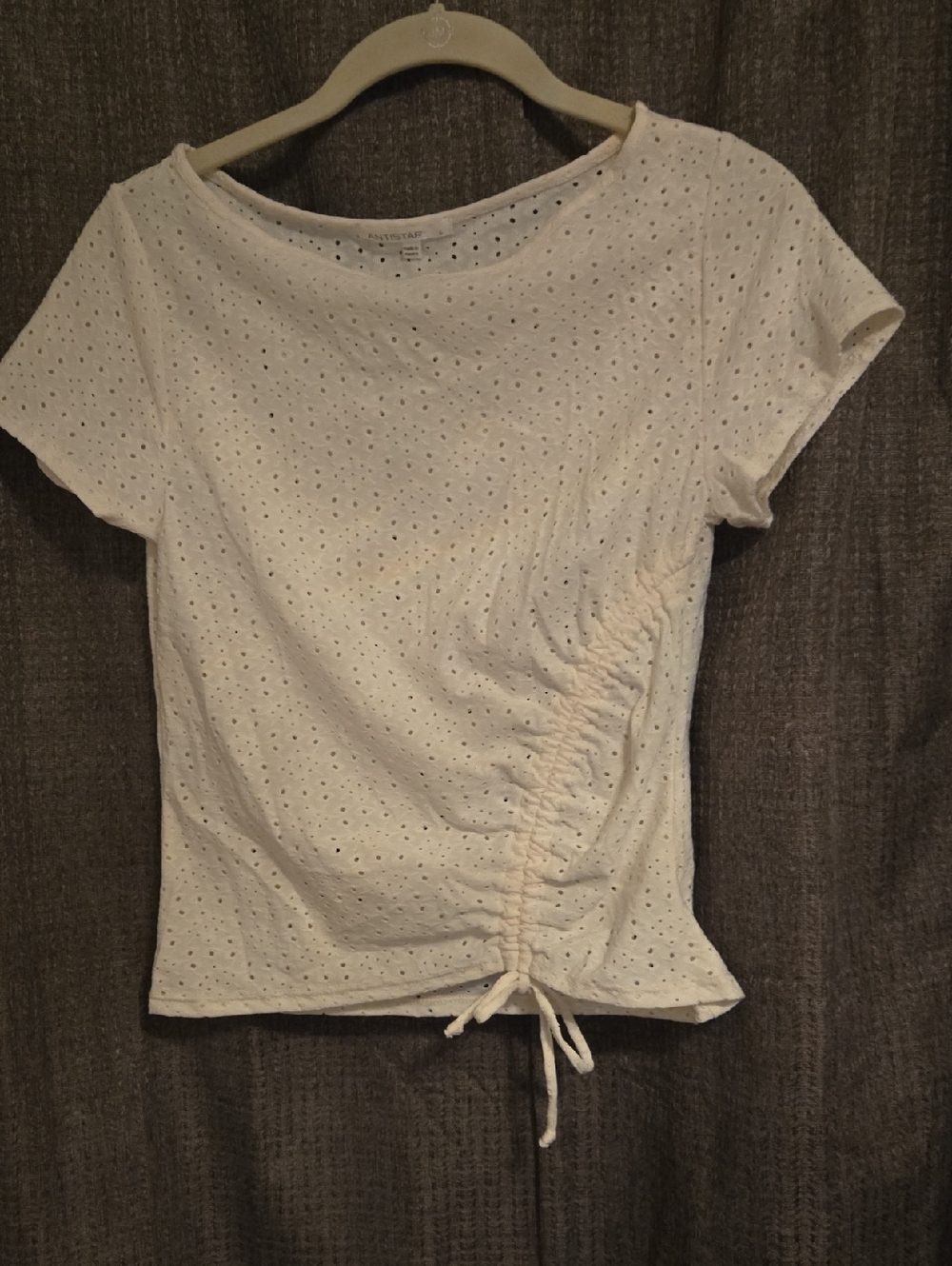 Eyelet Ruched Short Sleeve Tee - Cream